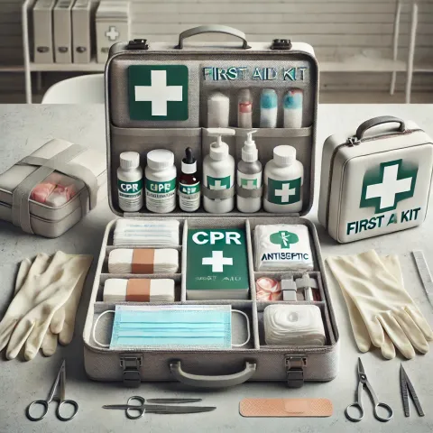 A high quality professional stock image of a first-aid kit neatly arranged on a table